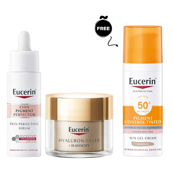 Eucerin - Even Pigment Serum, Hyaluron Elasticity Night Cream & Pigment Control Tinted Bundle