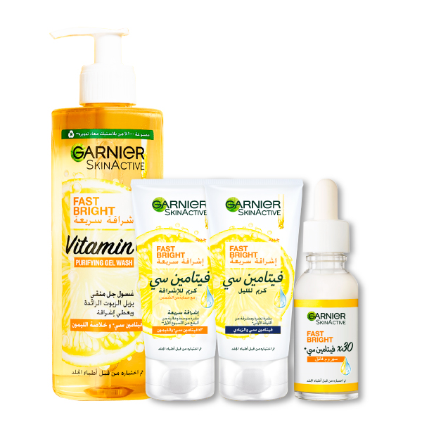 Garnier - Fast Bright Purifying Gel Wash, Day Cream, Night Cream & Vitamin C Booster Serum Bundle