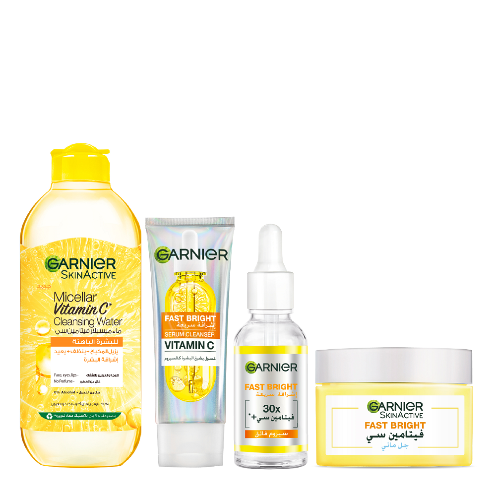 Garnier - Fast Bright Vitamin C Serum, Gel Water Cream, Serum Cleanser & Vitamin C Micellar Water Bundle