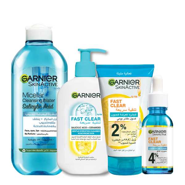 Garnier - Fast Clear Gentle Hydrating Cleanser, Booster Serum, Exfoliating Wash & Salicylic Acid Micellar Water Bundle