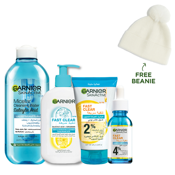 Garnier - Fast Clear Gentle Hydrating Cleanser, Booster Serum, Exfoliating Wash & Salicylic Acid Micellar Water Bundle