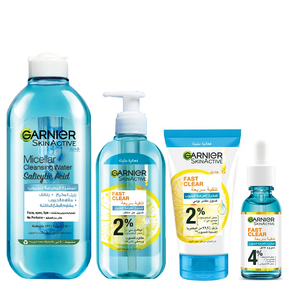 Garnier - Fast Clear Micellar Water, Gel Wash, Exfoliating Wash & Serum Bundle