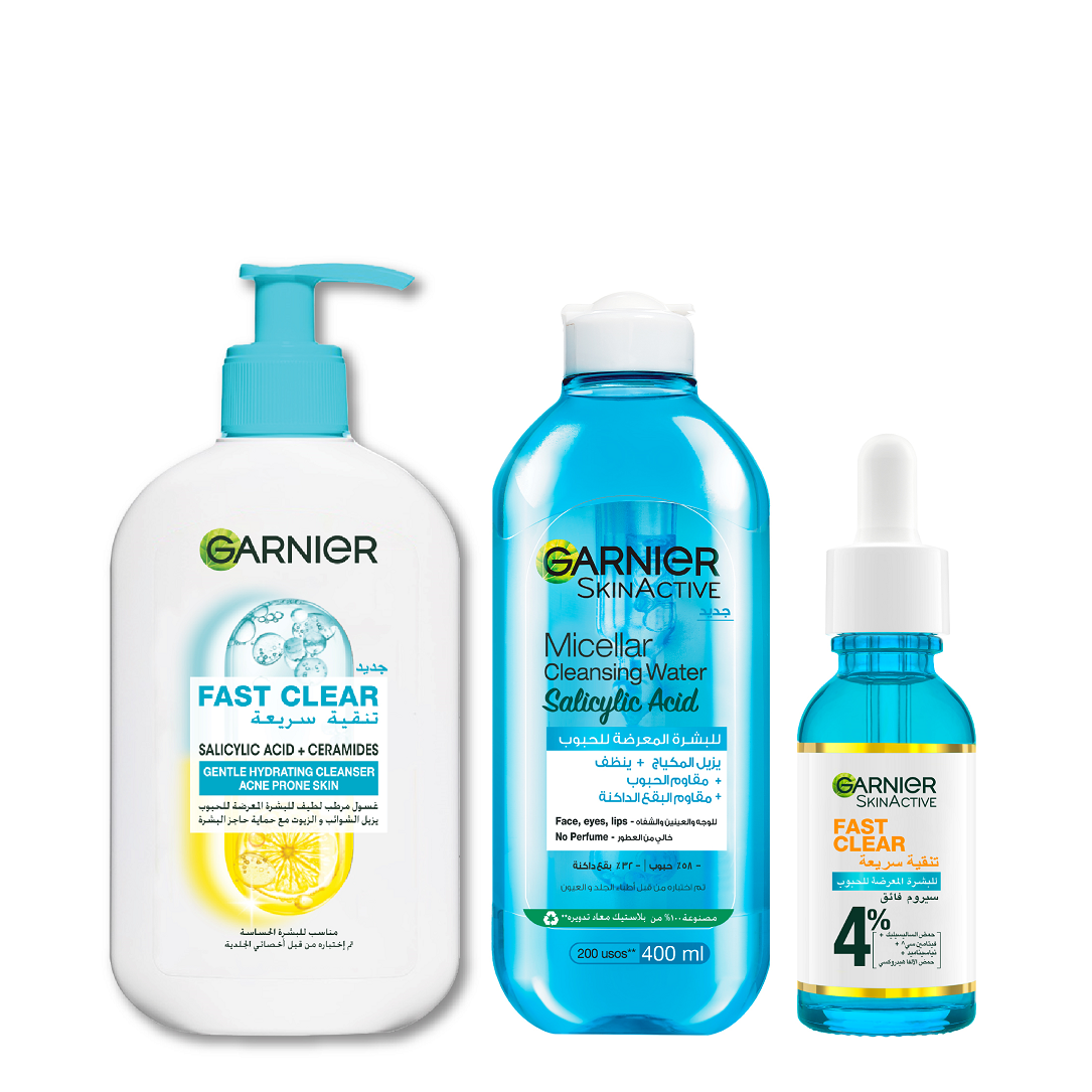 Garnier - Micellar Cleansing Water Salicylic Acid, Fast Clear Gentle Cleanser & Fast Clear Serum Bundle