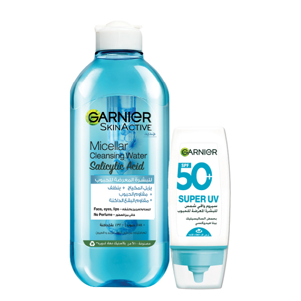 Garnier - Micellar Cleansing Water With Salicylic Acid & Super UV Acne Prone Skin Sunscreen Serum SPF50+ Bundle