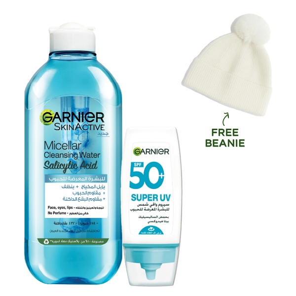 Garnier - Micellar Cleansing Water With Salicylic Acid & Super UV Acne Prone Skin Sunscreen Serum SPF50+ Bundle