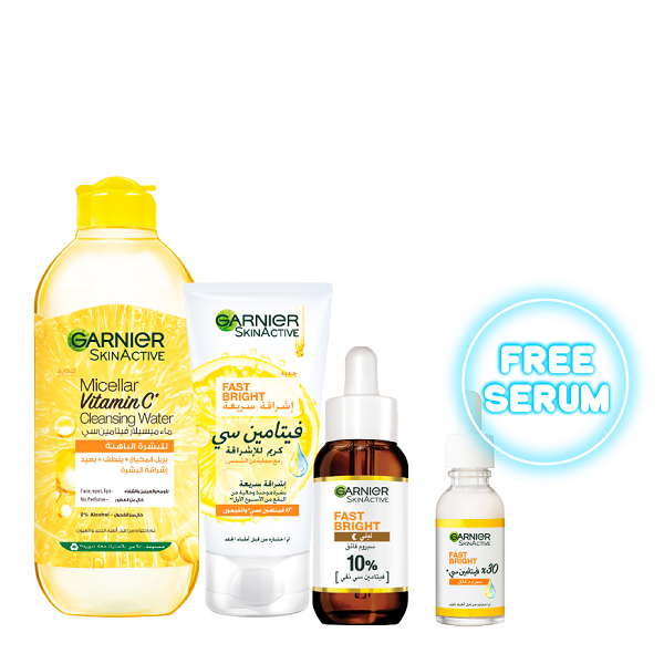 Garnier - Micellar Water Vitamin C, Fast Bright Day Cream, Night Serum & Mini Vitamin C Serum Bundle