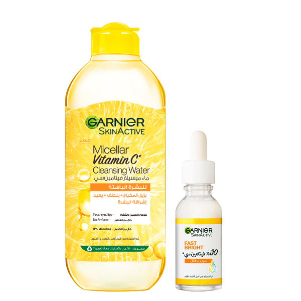 Garnier SkinActive - Fast Bright 30x Vitamin C Booster Serum & Micellar Vitamin C Cleansing Water Bundle