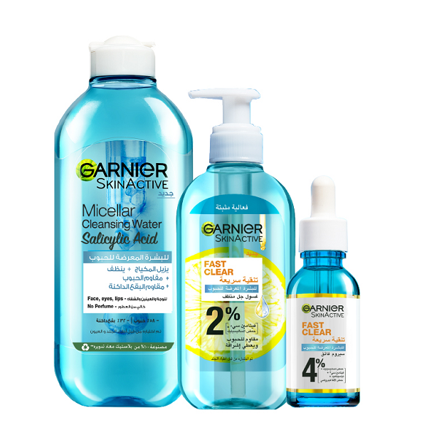 Garnier - SkinActive Fast Clear Cleansing Gel, Booster Serum & Micellar Cleansing Water Salicylic Acid Bundle