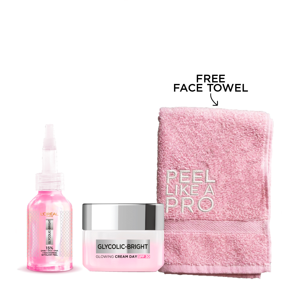 L'Oreal - Glycolic Bright Exfoliant Peel & Glowing and Brightening Day Cream with SPF30 Bundle