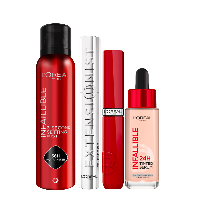 L'Oreal Paris - Infaillible 3 Second Setting Spray, Laque Resistance Lipstick, Tinted Serum & Extensionist Mascara Bundle