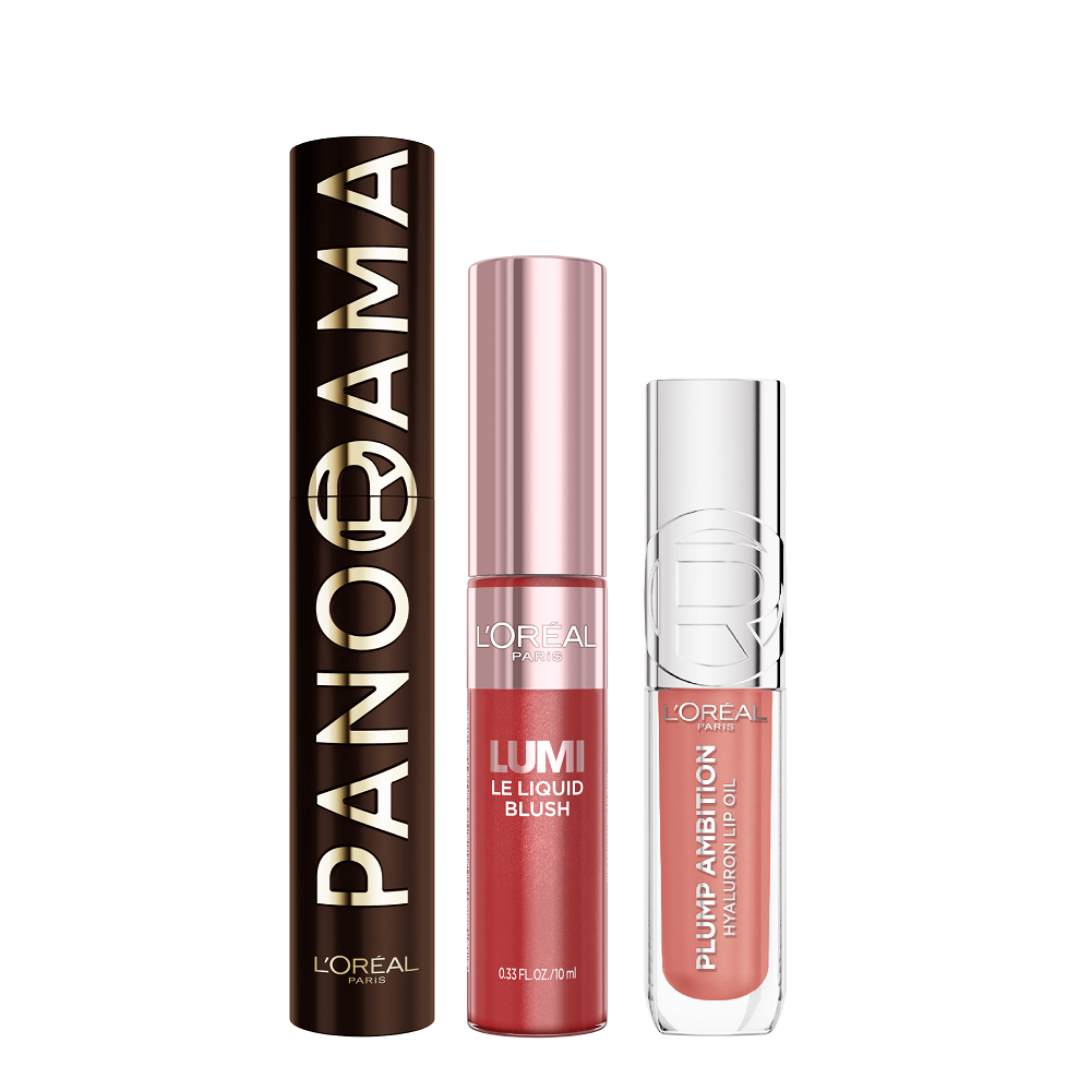 L'Oreal Paris - Panorama Brown Mascara, Lumi Le Liquid Blush & Plump Ambition Lip Oil Bundle