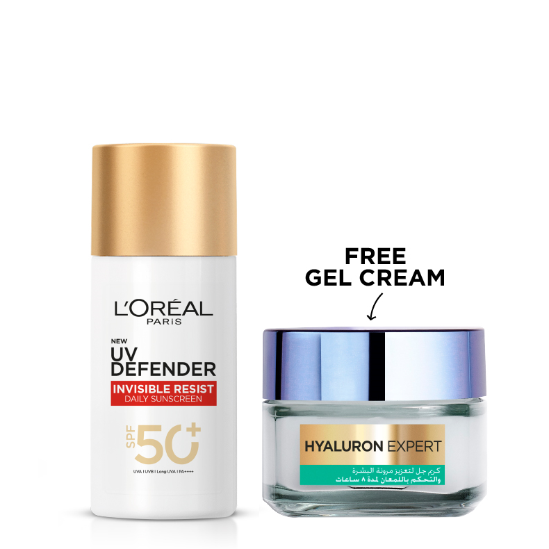 L'Oreal - UV Defender Invisible Resist SPF50+ & FREE Hyaluron Expert Oil Gel Cream Bundle