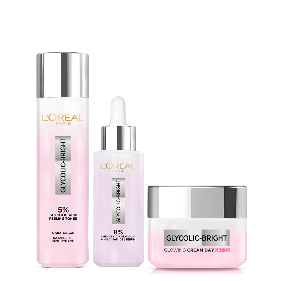 L'oreal Skin Expert - Glycolic Peeling Toner, Glowing Serum & Day Cream Bundle