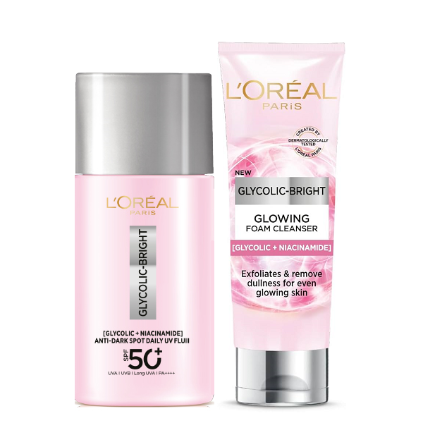 L'Oreal Skin Expert - Glycolic Bright Anti Dark Spot Daily UV Fluid SPF50+ & Glowing Foam Cleanser Bundle
