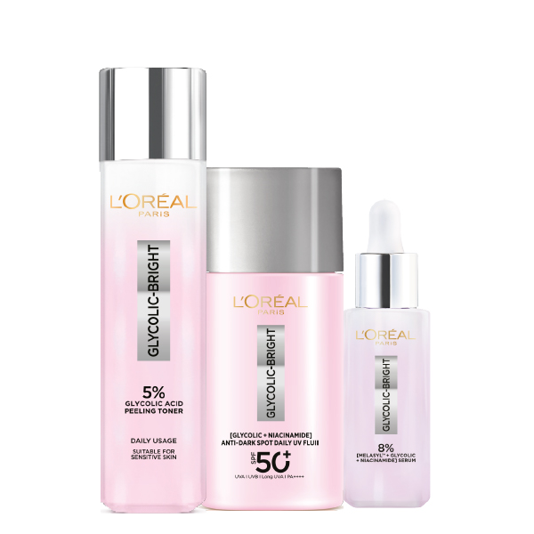 L'Oreal Skin Expert - Glycolic Bright Anti Dark Spot Daily UV Fluid SPF50+, Peeling Toner & Brightening Serum Bundle