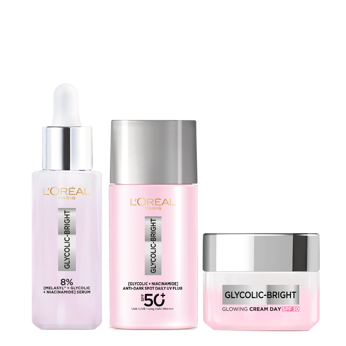 L'Oreal Skin Expert - Glycolic Bright UV Fluid SPF50+, Brightening Serum & Day Cream Bundle