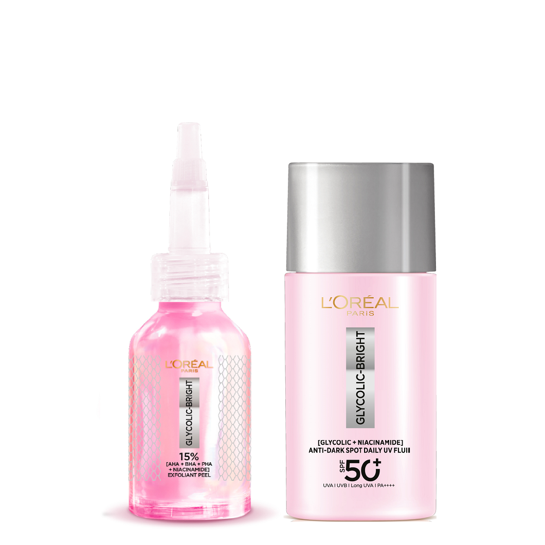 L'Oreal Skin Expert - Glycolic Bright UV Fluid SPF50+ & Exfoliant Peel Bundle