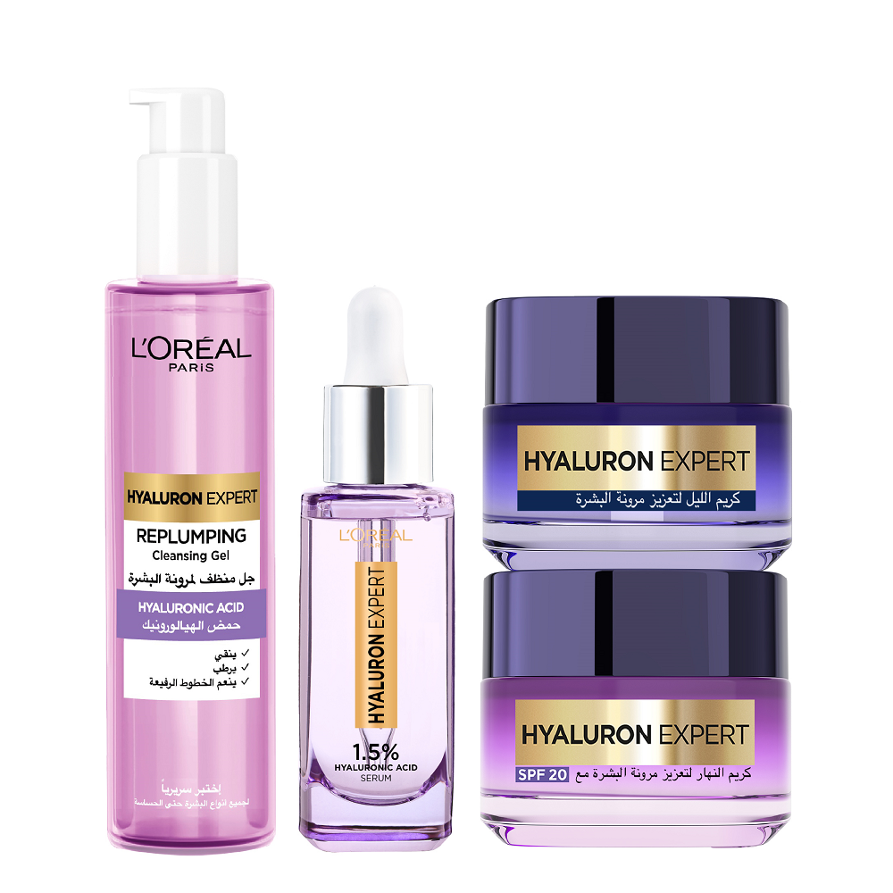 L'Oreal Skin Expert - Hyaluron Expert Cleansing Gel, Face Serum, Night Cream & Day Cream Bundle