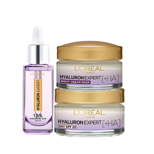 L'Oreal Skin Expert - Hyaluron Expert Day Cream SPF20, Night Cream Mask & Face Serum Bundle
