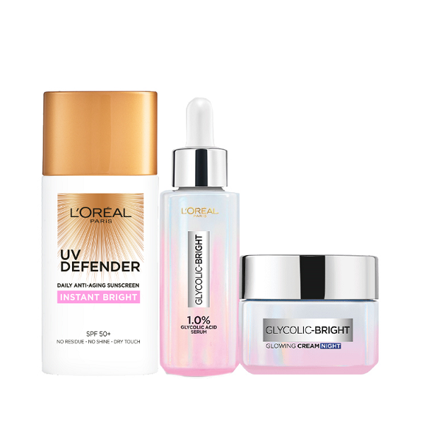 L'Oreal Skin Expert - UV Defender Instant Bright, Glycolic Bright Serum & Night Cream Bundle