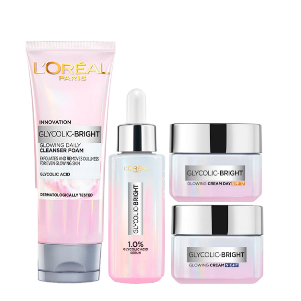 L'Oreal Skin Expert - Glycolic Bright Foam, Glowing Serum, Day Cream & Night Cream Bundle