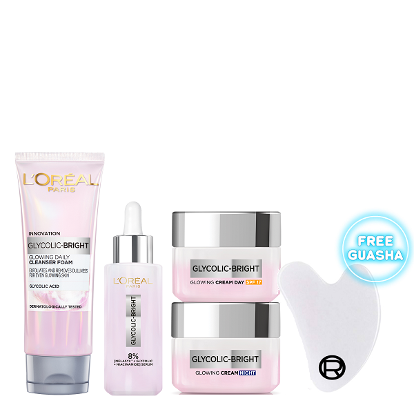 L'Oreal Skin Expert - Glycolic Bright Foam, Glowing Serum, Day Cream & Night Cream Bundle