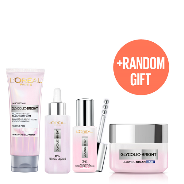 L'Oreal Skin Expert - Glycolic Bright Foam, Glowing Serum, Eye Serum & Night Cream Bundle