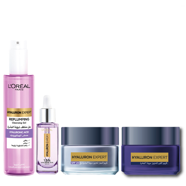 L'Oreal Skin Expert - Hyaluron Expert Replumping Gel Wash, Face Serum, Night Cream & Day Cream Bundle