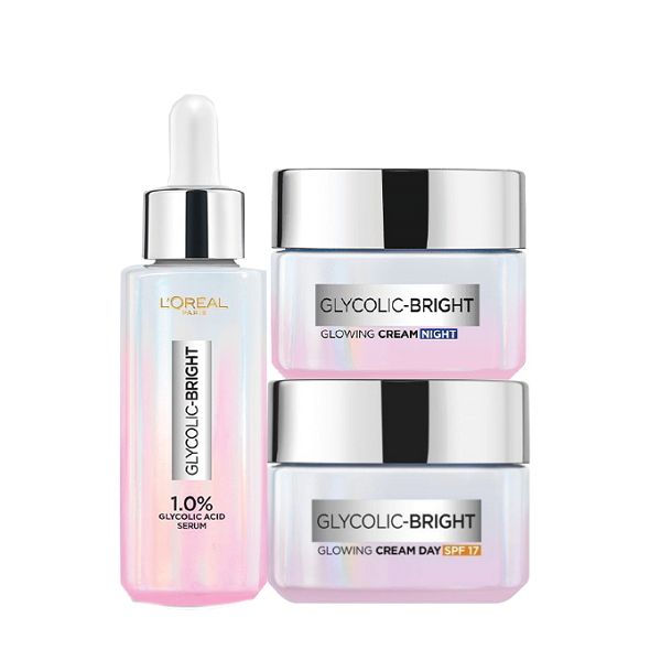 L'oreal Skin Expert - Glycolic Bright Glowing Serum, Night Cream & Day Cream SPF17 Bundle