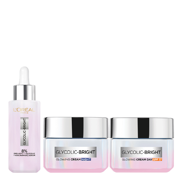 L'oreal Skin Expert - Glycolic Bright Glowing Serum, Night Cream & Day Cream SPF30 Bundle