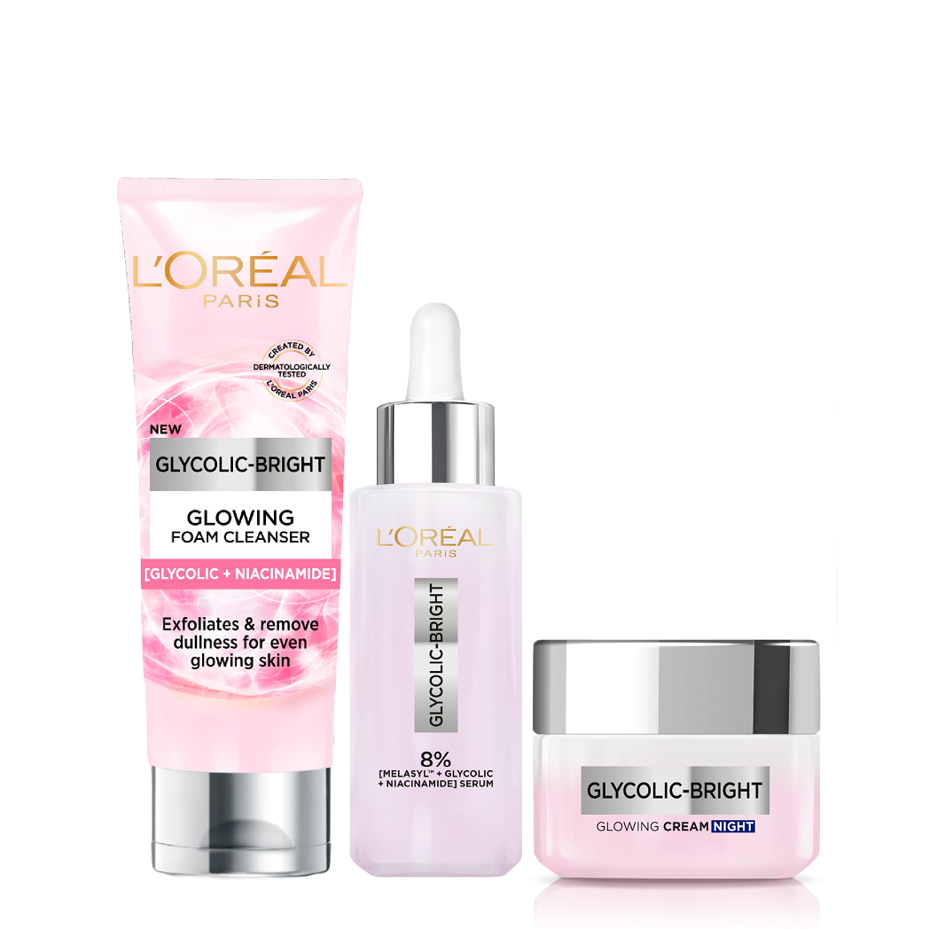 L'oreal Skin Expert - Glycolic Bright Serum, Night Cream & Cleanser Foam Bundle