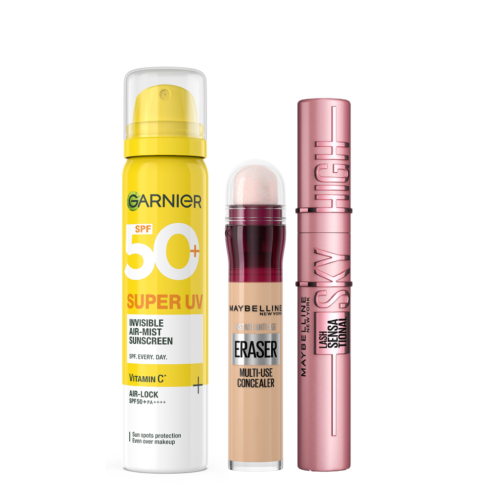 Maybelline - Eraser Multi Use Concealer, Sky High Mascara Black & Garnier Super UV Invisible Mist Sunscreen SPF50+ Bundle