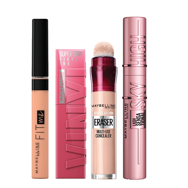Maybelline - Fit Me Concealer, Super Stay Vinyl Ink, Eraser Multi Use Concealer & Sky High Mascara Bundle