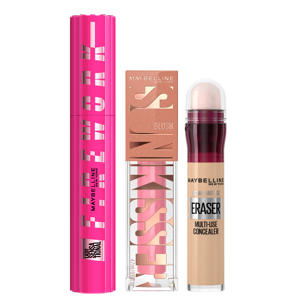 Maybelline - Lash Sensational Firework Mascara, Eraser Multi Use Concealer & Sunkisser Blush Bundle