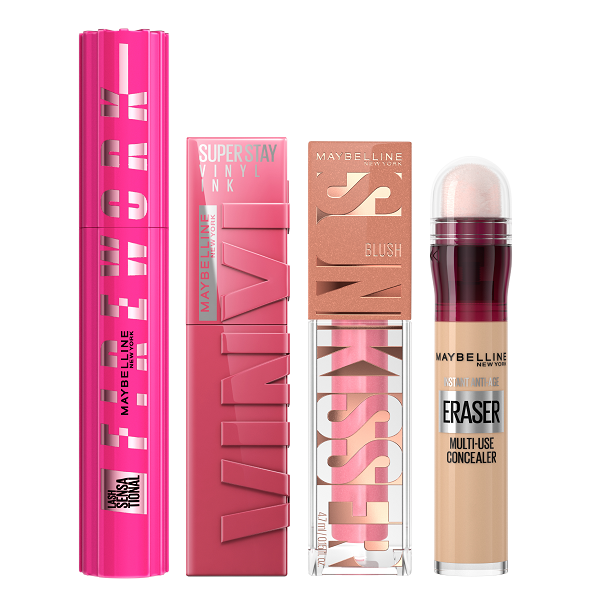 Maybelline - Lash Sensational Firework Mascara, Eraser Multi Use Concealer, Super Stay Vinyl Ink & Sunkisser Blush Bundle