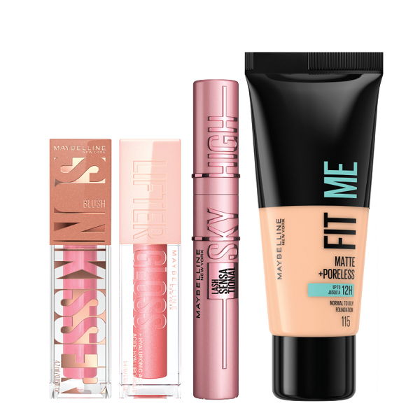 Maybelline - SunKisser Liquid Blush, Fit Me Foundation, Lifter Gloss & Sky High Mascara Bundle