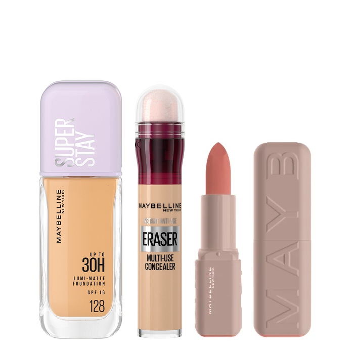 Maybelline - Moisturizing Serum Lipstick Matte, Instant Age Eraser Concealer & Lumi Matte Foundation Bundle