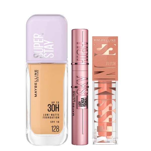 Maybelline - Super Stay Lumi Matte Foundation, Sky High Mascara & Sunkisser Blush Bundle