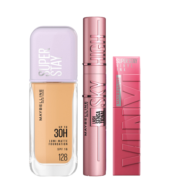 Maybelline - Super Stay Vinyl Ink, Lumi Matte Foundation & Sky High Mascara Bundle