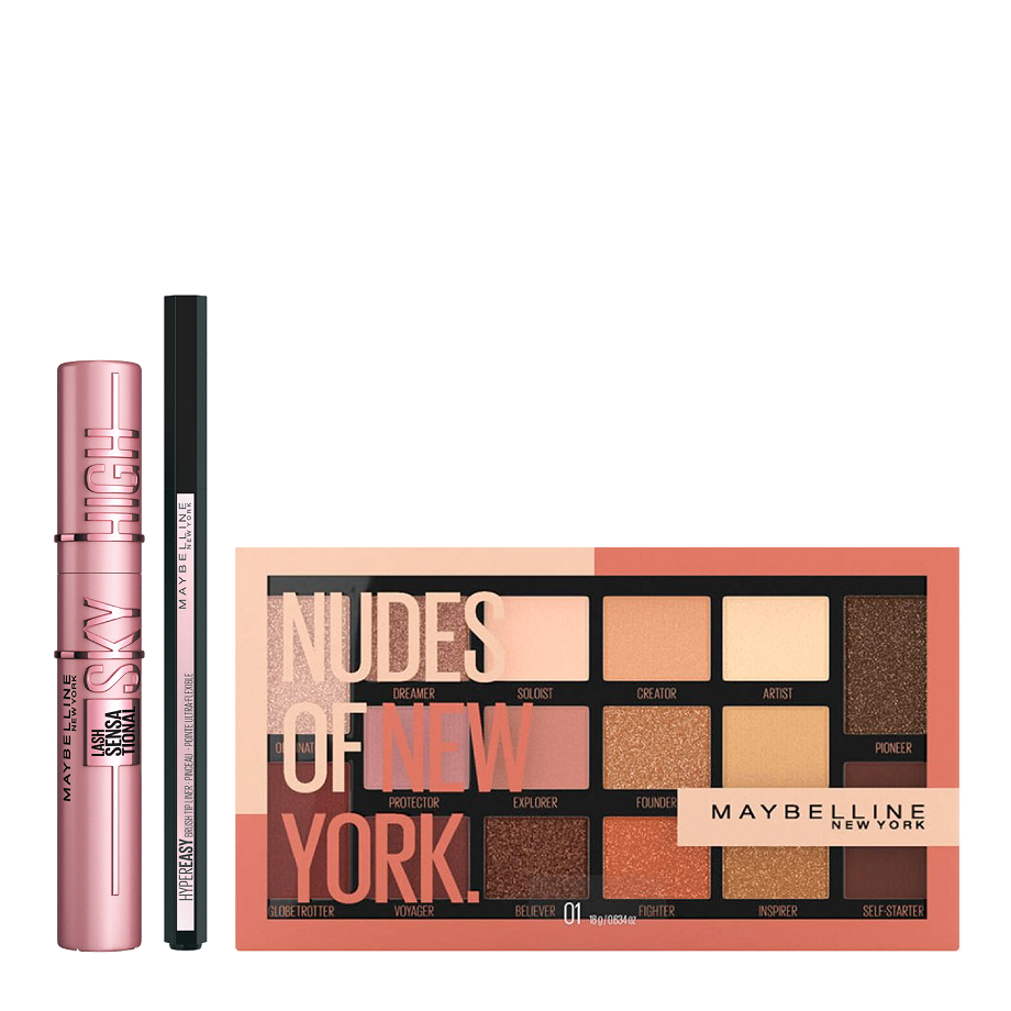 Maybelline - Nudes Of New York Palette, Hyper Easy Liner & Sky High Mascara Black Bundle