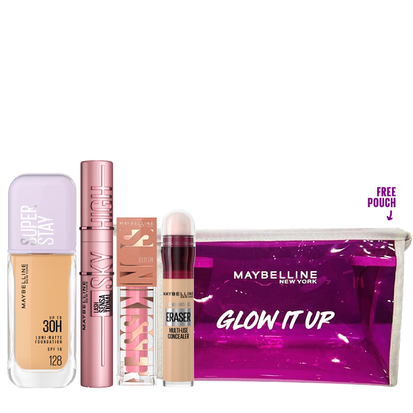 Maybelline - Super Stay Lumi Matte Foundation, Sky High Mascara, Sunkisser Blush & Eraser Concealer Bundle