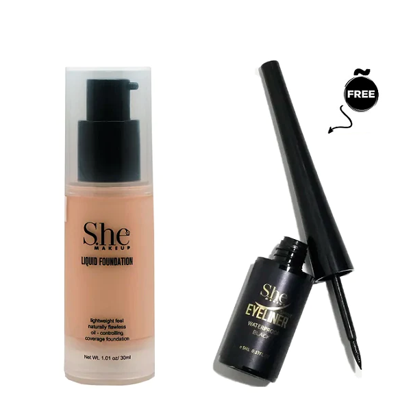 She - Liquid Foundation & Shiny Waterproof Black Eyeliner Bundle