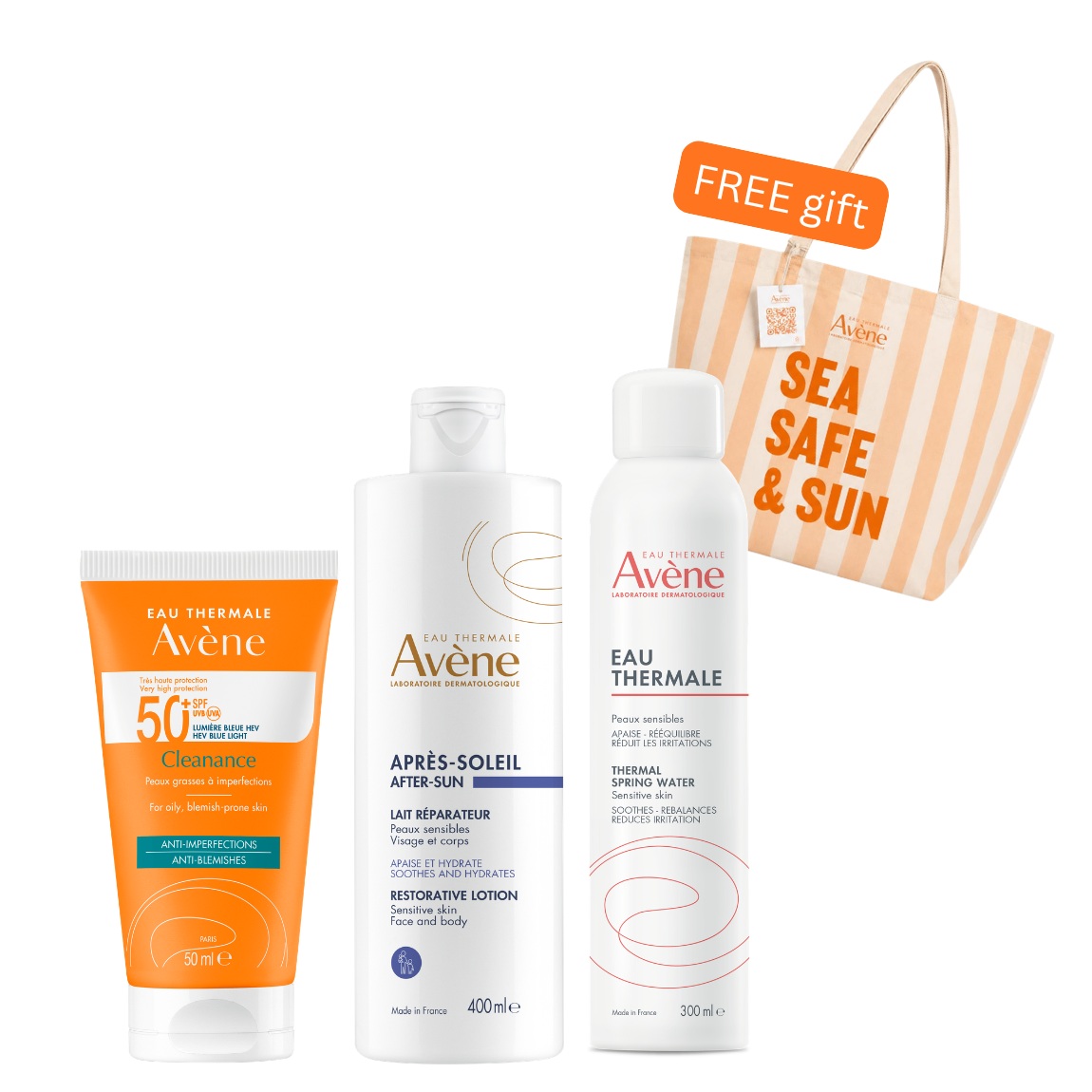 Avène - Cleanance Ultra Light Anti Blemishes SPF50+, After Sun Creamy Gel & Thermal Spring Water Spray Bundle