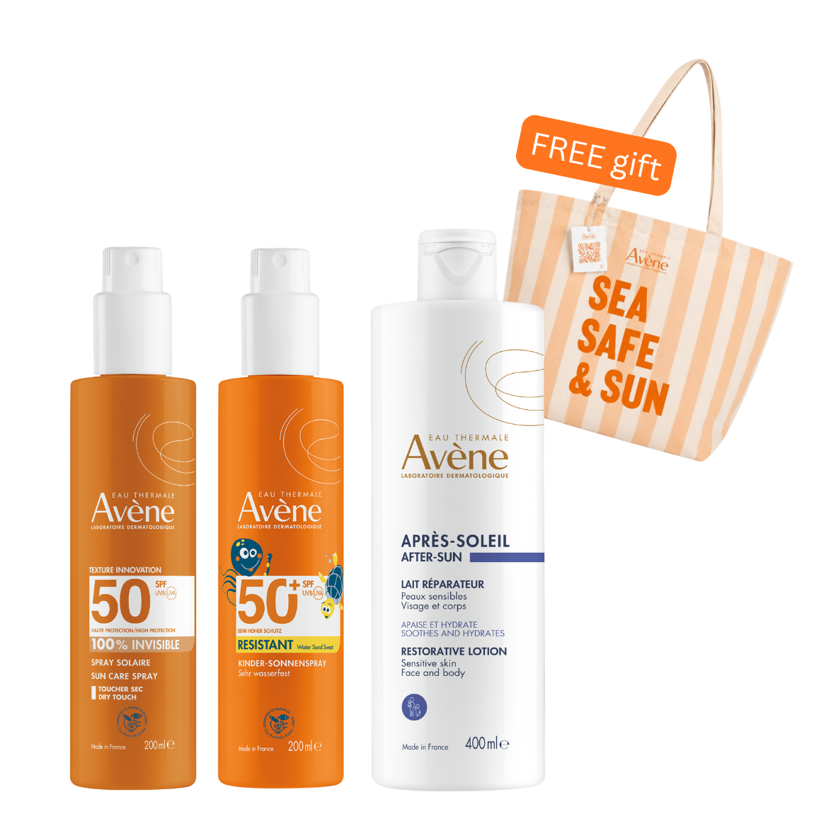 Avène - Spray For Children SPF 50+, Spray 100% Invisible Dry Touch SPF50 & After Sun Creamy Gel Bundle