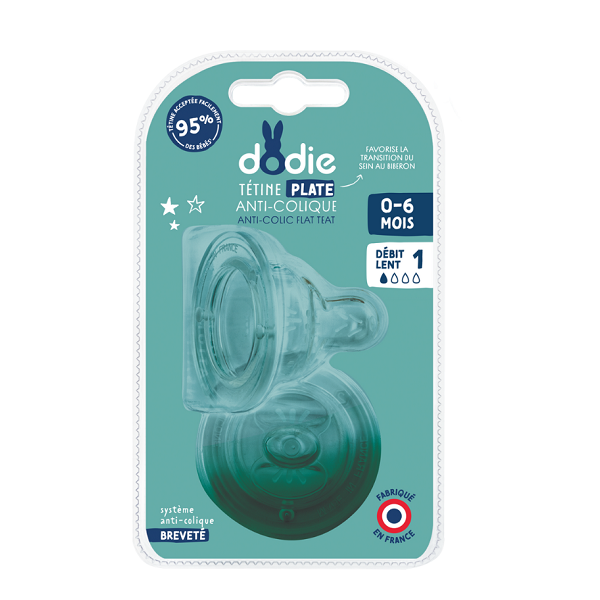 Dodie - Teat Sensation+ Flat Anti-Colic Wide Neck 0-6 months 1 Slow Flow