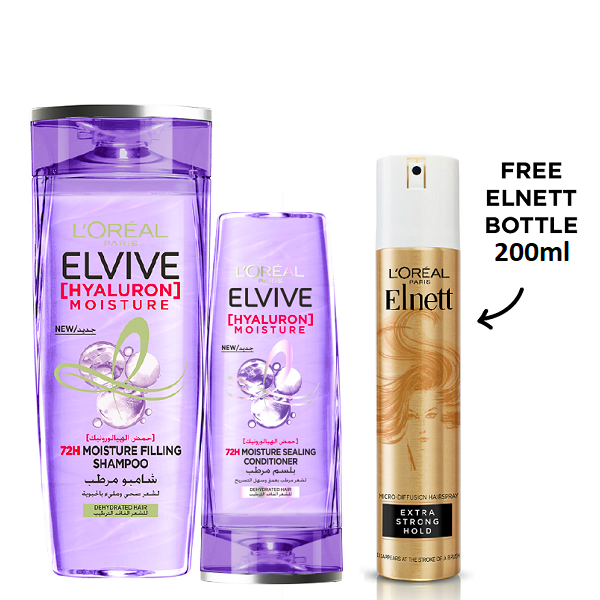 Elvive - Hyaluron Moisture Shampoo, Conditioner & Elnett Extra Strong Hold Bundle