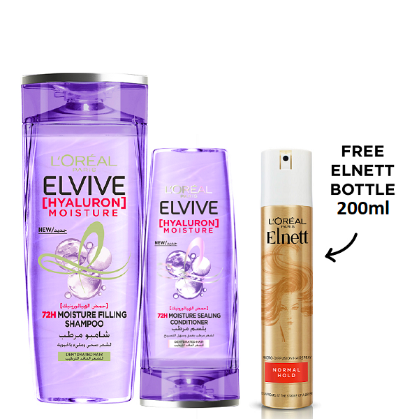 Elvive - Hyaluron Moisture Shampoo, Conditioner & Elnett Normal Hold Bundle