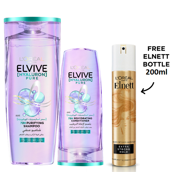 Elvive - Hyaluron Pure 72H Purifying Shampoo, Conditioner & Elnett Hairspray Extra Strong Hold Bundle