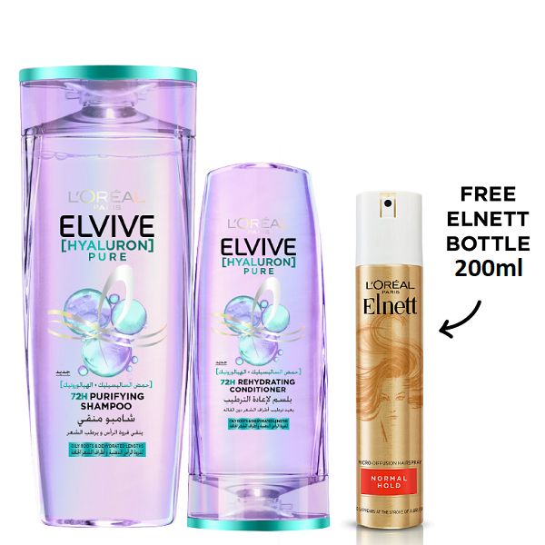 Elvive - Hyaluron Pure 72H Purifying Shampoo, Conditioner & Elnett Hairspray Normal Hold Bundle