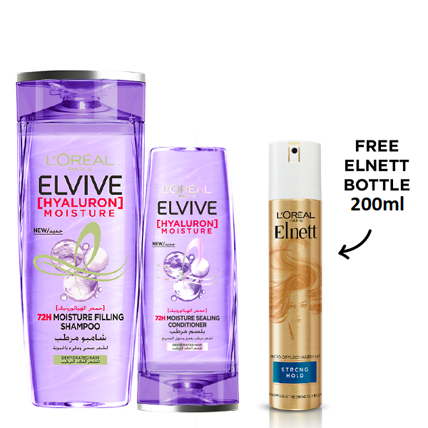 Elvive - Hyaluron Moisture Shampoo, Conditioner & Elnett Strong Hold Bundle
